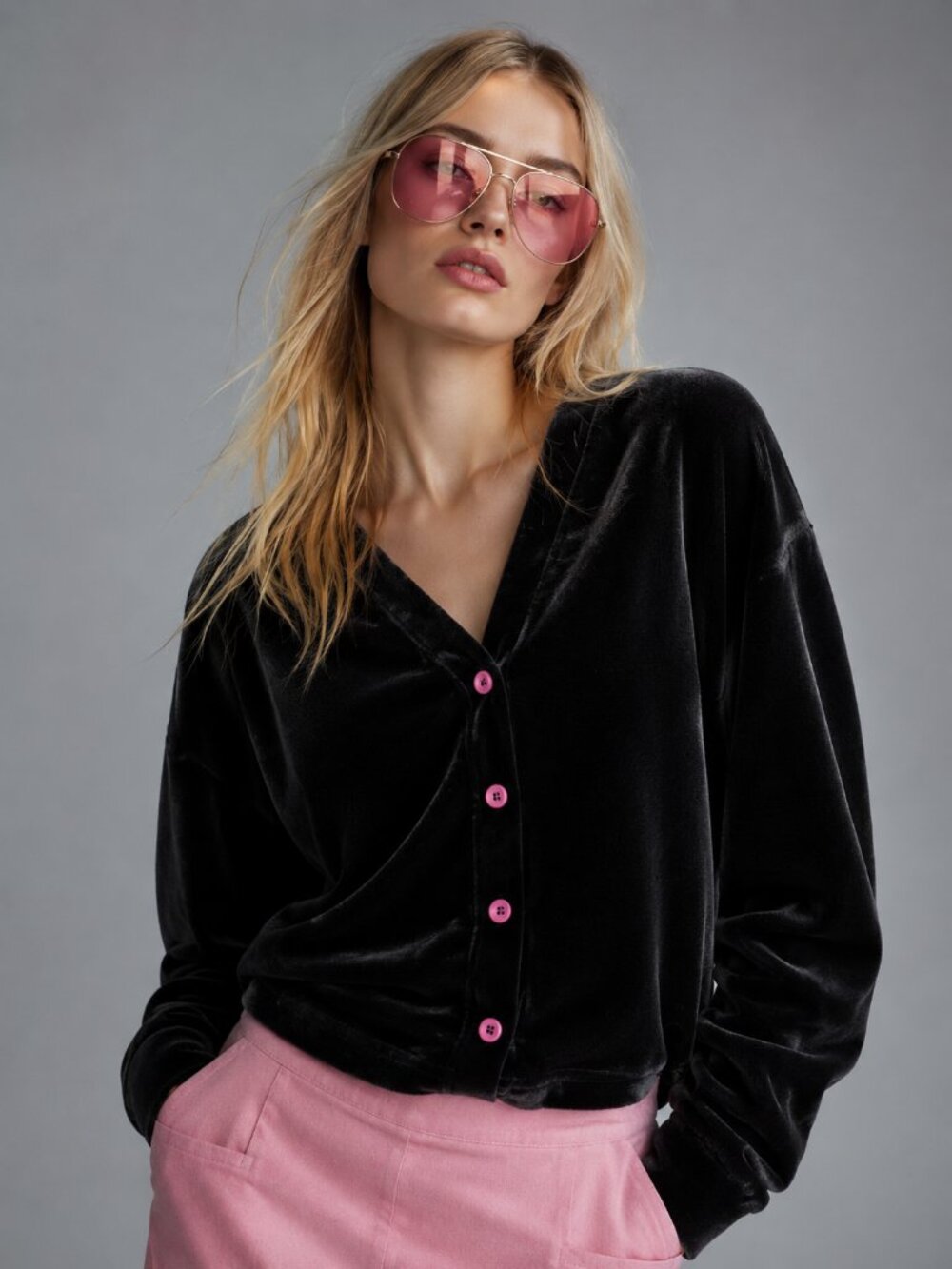 Black Velvet Cardigan with Pink Buttons Soft Stretch Size L